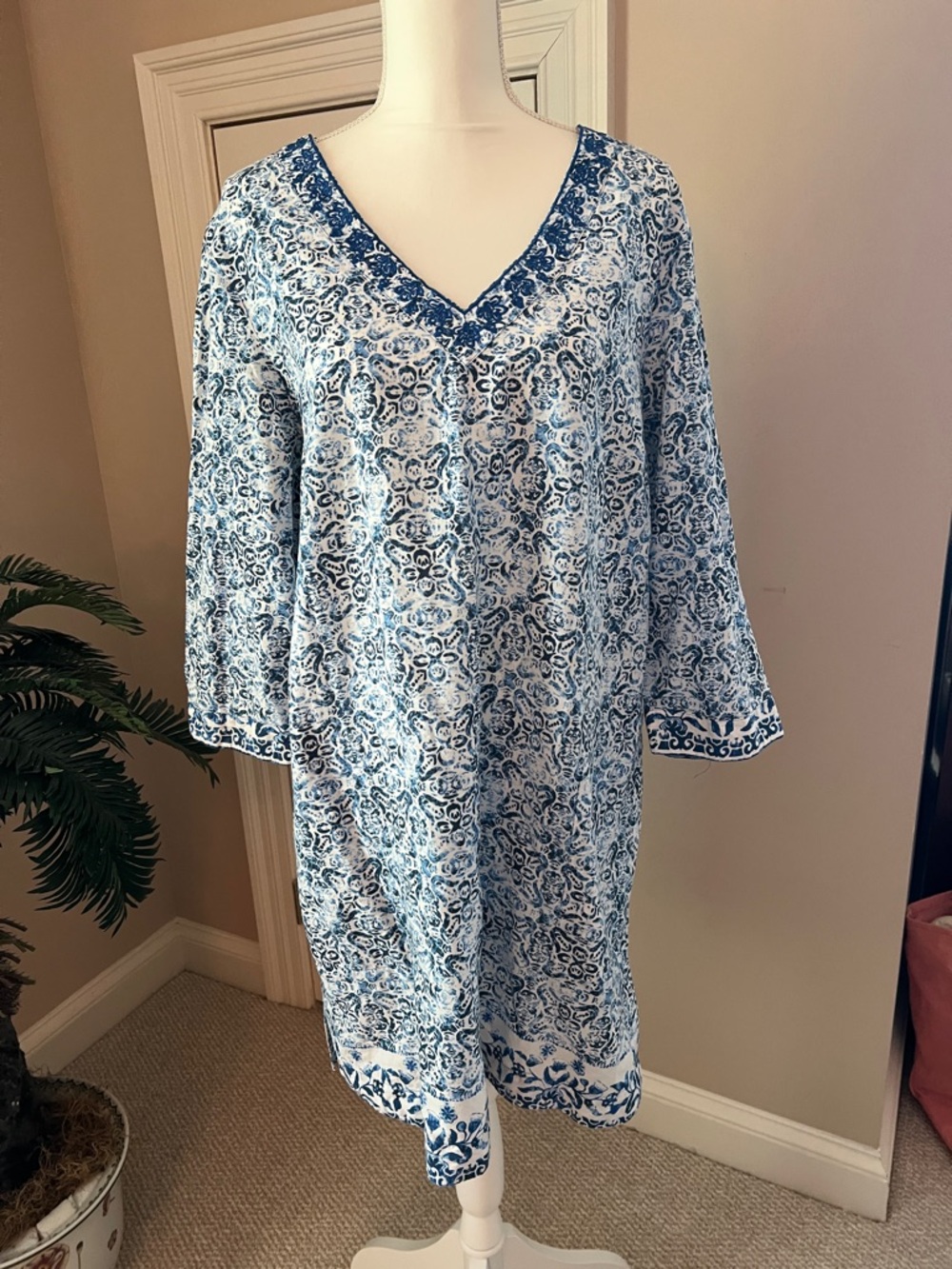 Lands' End Blue and White Printed Swim Cover Up
